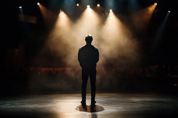 Dramatic Theater Actor Delivers Powerful Monologue on Dimly Lit Stage with Audience Silhouette