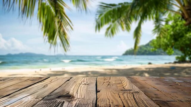 Empty wooden table background with copy space with the tropical view of palms