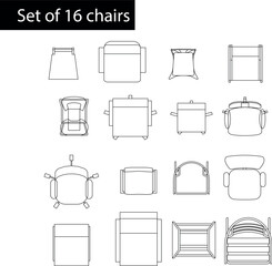 Set of 16 chairs in top-view line art style, ideal for architectural drawings, interior design projects, and floor plan layouts. 