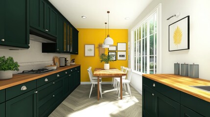 A kitchen interior with dark green cabinets, a butcher block countertop, and a yellow accent wall. A wooden dining table with white chairs stands in the center.