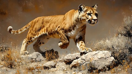 A large brown and white cat is walking on a rocky hillside