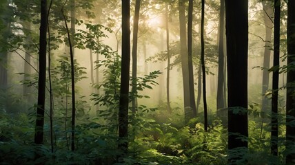 Obraz premium Serene Forest at Dawn with Mist and Sunlight Through Trees V1