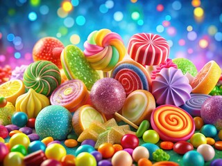 Colorful Candy Seamless Pattern with Bokeh Effect - Sweets Illustration