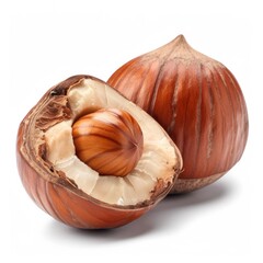 Close-up of two hazelnuts, one whole and one cut open to reveal a shiny brown kernel inside a light-colored shell.
