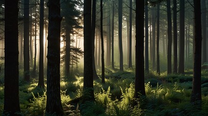 Naklejka premium Serene Forest at Dawn with Mist and Sunlight Through Trees V4