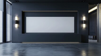 A wide, well-lit hall with a blank display stretching across a smooth, matte black wall. The display is flanked by minimalist wall sconces, adding a sophisticated, modern ambiance.