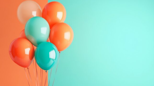 Vibrant coral, orange, and turquoise balloons rising in the air - modern birthday wallpaper for celebrations and festive events