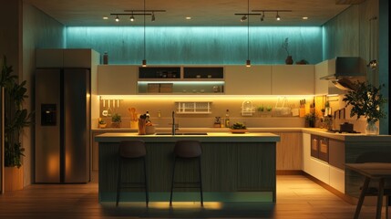 A family-friendly kitchen with ample space, bright ambient lights, practical under-cabinet LEDs, and playful accent lights for a cheerful glow