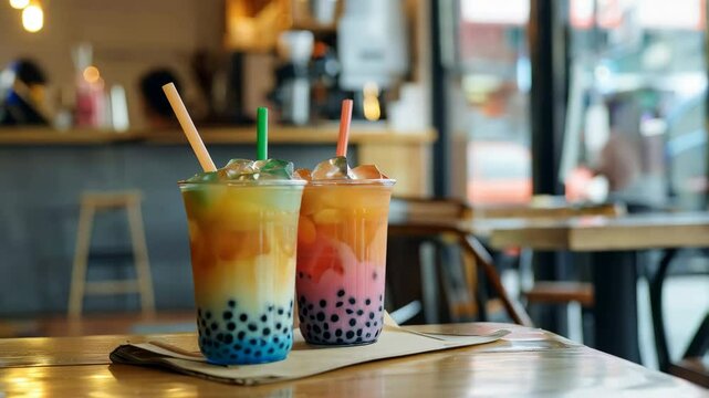 Glasses with colorful bubble tea on the table in bar