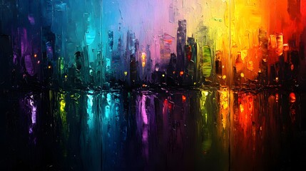 Naklejka premium Abstract oil painting background with rainbow colors, a cityscape with a rainbow