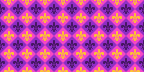 Mardi Gras Seamless Colorful Pattern. Fleur de Lys and Rhombus Endless Background.