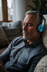 Fototapeta premium A bearded man with headphones listens to music while relaxing indoors, eyes closed, enjoying peaceful moments, calm atmosphere, and quality sound in a serene environment