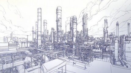 Fototapeta premium Industrial Complex Sketch Showing Refinery Structures
