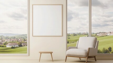 Fototapeta premium A chic lounge area with a blank poster on a light cream wall, featuring a modern armchair and a small wooden coffee table. The large windows provide a view of a village nestled in rolling green hills.