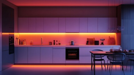 A minimalist kitchen with soft white ambient lights, under-cabinet task lighting, and bold colored accent lights creating a cozy atmosphere.