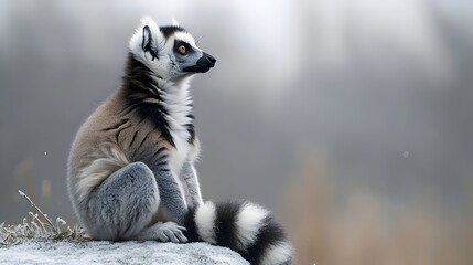 Fototapeta premium A lemur is sitting on a rock in the snow