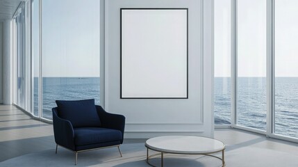 A  chic lounge area with a blank poster on a soft white wall, featuring a navy blue armchair, a round coffee table, and large windows framing a view of the open sea. 