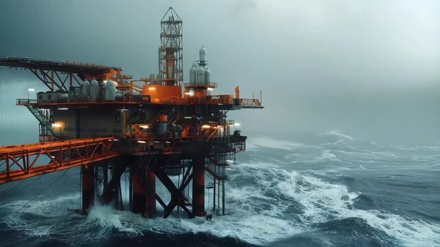 Big red oil derrick in the stormy ocean