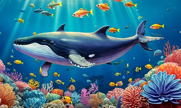 A colorful painting of a whale swimming in a sea full of fish