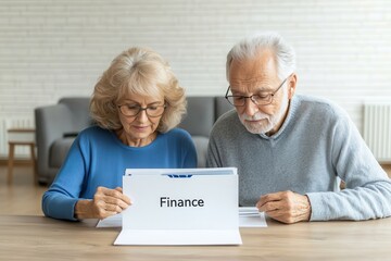 Elderly couple reviewing financial documents together at home.