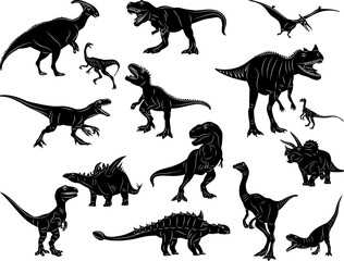 dinosaurs set silhouette on white background, vector