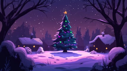 Fototapeta premium Under a starry sky, a radiant Christmas tree adorned with colorful ornaments stands proudly in a snowy clearing, flanked by charming cottages glowing warmly against the winter chill.