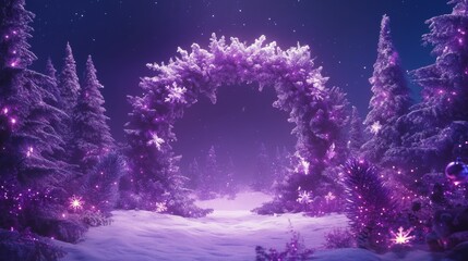 Serene purple-hued forest blanketed in snow, with twinkling lights illuminating trees and a mystical archway, creating a dreamlike atmosphere during twilight.
