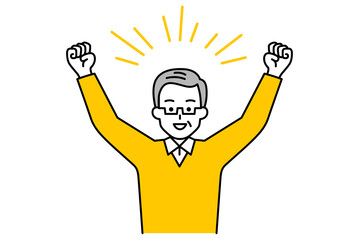 バンザイで喜ぶ年配の男性