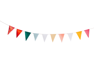 Colorful triangular fabric flags with a mix of solid colors and patterns hanging on a string isolated on transparent background.