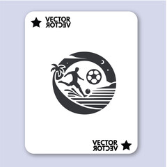 People play beach soccer. Active sports sea sandy coast. Guys pass ball each other on tropical beach. Open training for professionals and fun team game vacationers. Vector flat illustration isolated