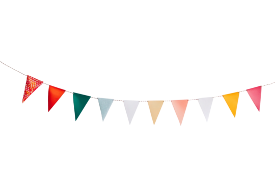 Colorful triangular fabric flags with a mix of solid colors and patterns hanging on a string isolated on transparent background.
