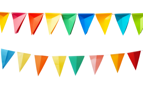 Colorful triangular party flags hanging in a row for celebration isolated on transparent background.