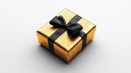 Gold gift box with black ribbon bow isolated on white background.