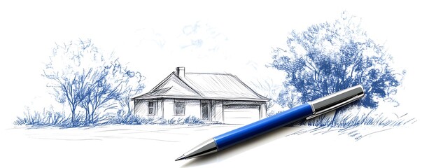 Loan document illustration with pen and house drawing on clean background 
