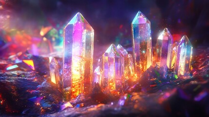 Radiant Prisms Scattering Colorful Light Beams in Ethereal Magical Effect