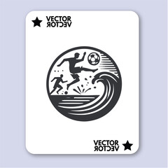 People play beach soccer. Active sports sea sandy coast. Guys pass ball each other on tropical beach. Open training for professionals and fun team game vacationers. Vector flat illustration isolated