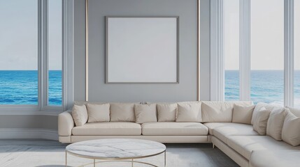 An elegant living room with a blank poster on a light gray wall, a luxurious sectional sofa, and a round marble coffee table. The windows provide a direct view of blue ocean waves.