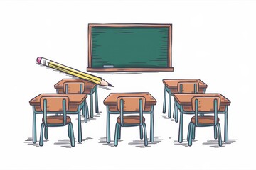 Empty Classroom Desks Facing Blackboard And Pencil