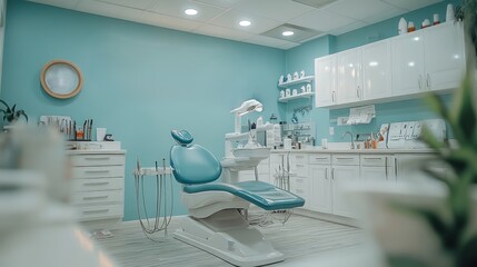 Modern, clean dental office interior with teal walls and white cabinets.  Dental chair, equipment, and supplies visible.  Well-lit space.