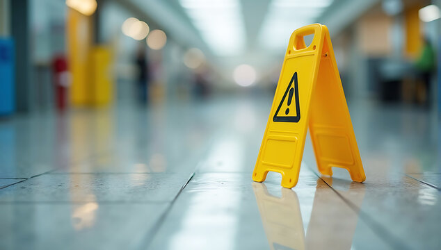 A bright yellow warning sign placed on a glossy, slippery floor with reflective lighting. The focus is on the sign, while the background is blurred.