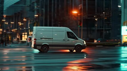 Side view of modern delivery van driving in the night city