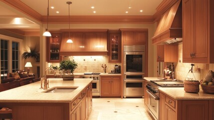 Fototapeta premium A traditional kitchen with wooden cabinets, bright ambient lighting, task lighting under shelves, and warm accent lights creating a homely vibe