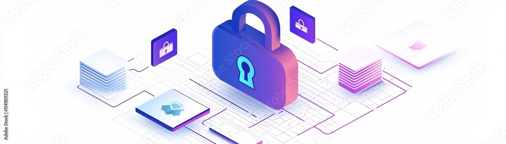 Poster a robust security system for online registration, layers of encryption visuals, dynamic and futurist