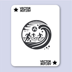 People play beach soccer. Active sports sea sandy coast. Guys pass ball each other on tropical beach. Open training for professionals and fun team game vacationers. Vector flat illustration isolated