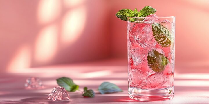 Pink refreshing drink with ice and mint in a glass on pink background.