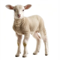 Fototapeta premium A cute, fluffy white lamb stands upright, showcasing its soft wool and curious expression against a clean white background