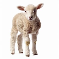 Fototapeta premium A fluffy white lamb stands playfully, looking curiously at the camera against a plain white background
