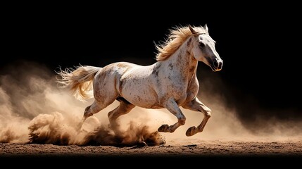 A white horse is running through a field of dirt