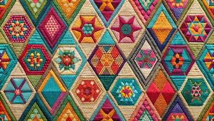 Vibrant Geometric Textile Design Featuring Multicolored Floral and Star Patterns in a Hexagonal and Triangular Arrangement