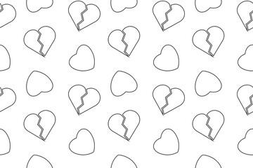 Seamless black and white pattern with broken and whole hearts, designed for coloring activities and crafts.